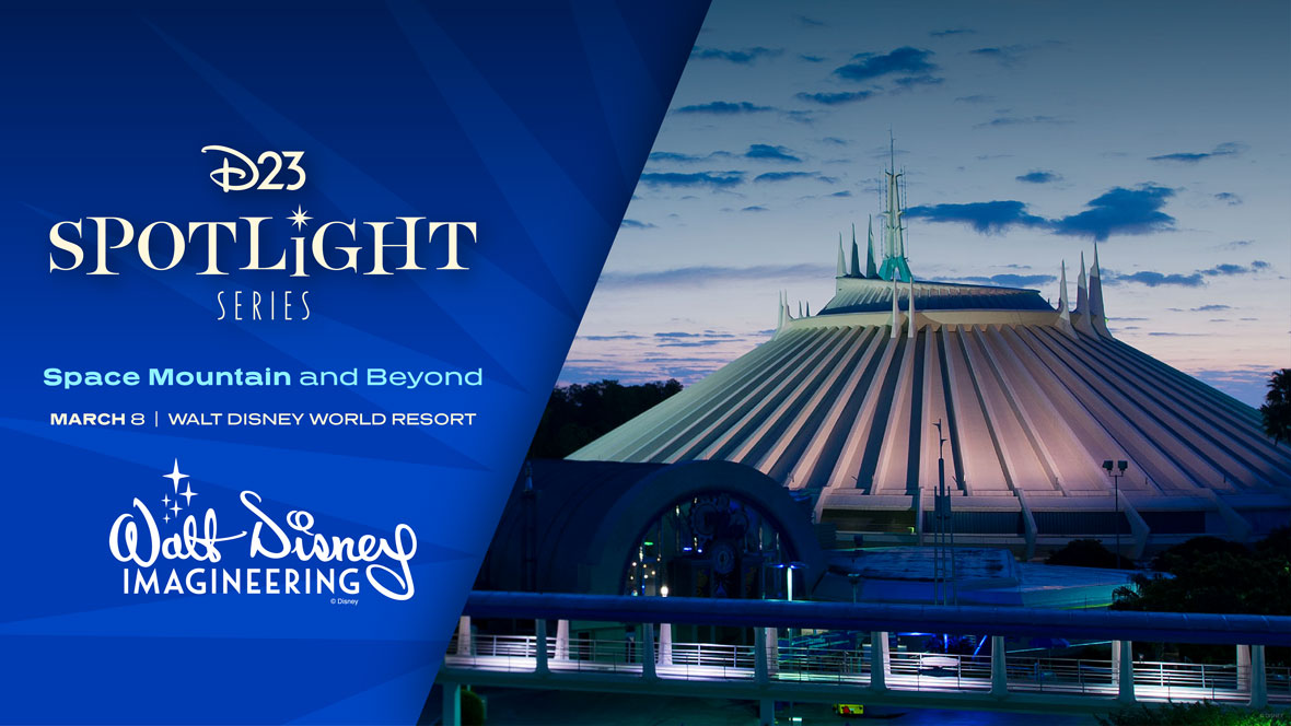 A promotional image for the D23 Spotlight Series event titled “Space Mountain and Beyond,” scheduled for March 9 at the Walt Disney World Resort, presented by Walt Disney Imagineering. The background on the left features deep blue tones, evoking a sense of awe and night sky. On the right is a photograph of Space Mountain at dusk, with clouds in the background.
