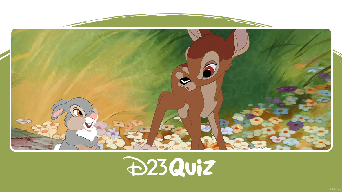Bambi, Thumper, and Flower from Bambi (1942) standing in a field of multicolored flowers in front of a grassy green background.