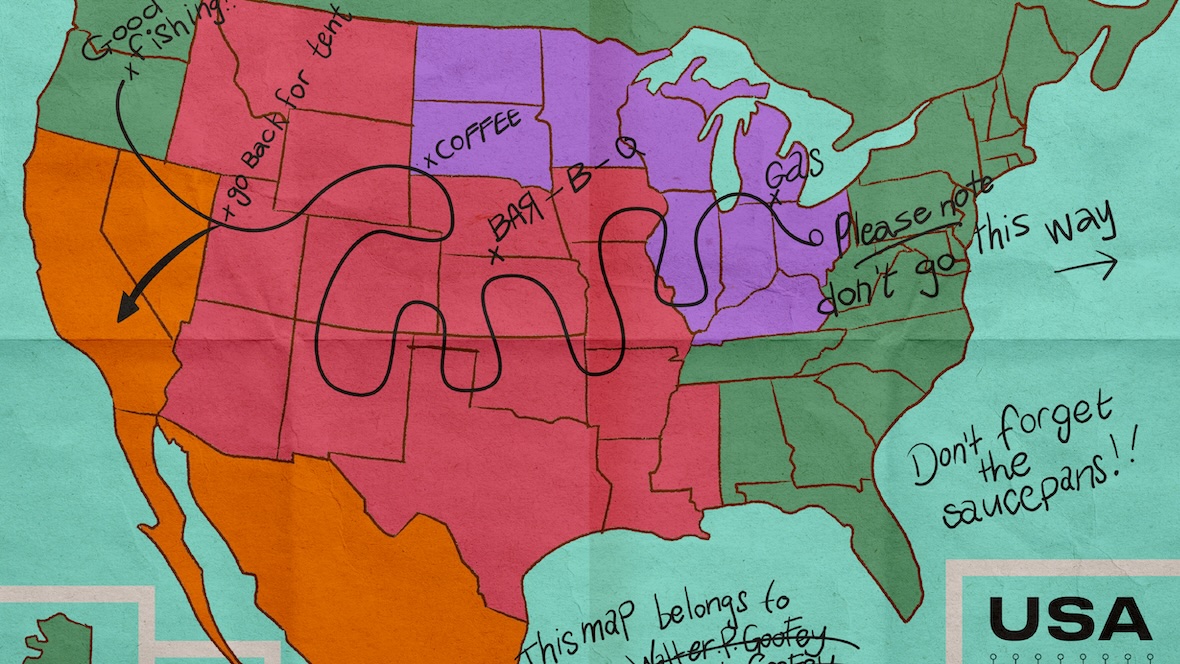 Hand-drawn road trip map from A Goofy Movie, marked with playful annotations like “Good fishing,” “Don’t forget the saucepans!!,” and “Please note don’t go this way,” featuring a winding travel route, gas and coffee stops, and a note stating “this map belongs to Goofy.”